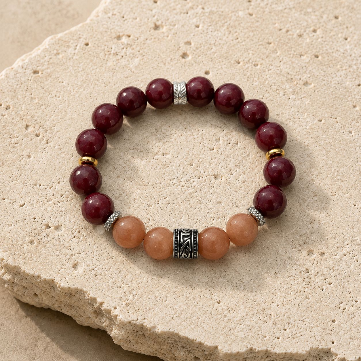 Men’s Bracelet — Burgundy Agate and Peach Aventurine