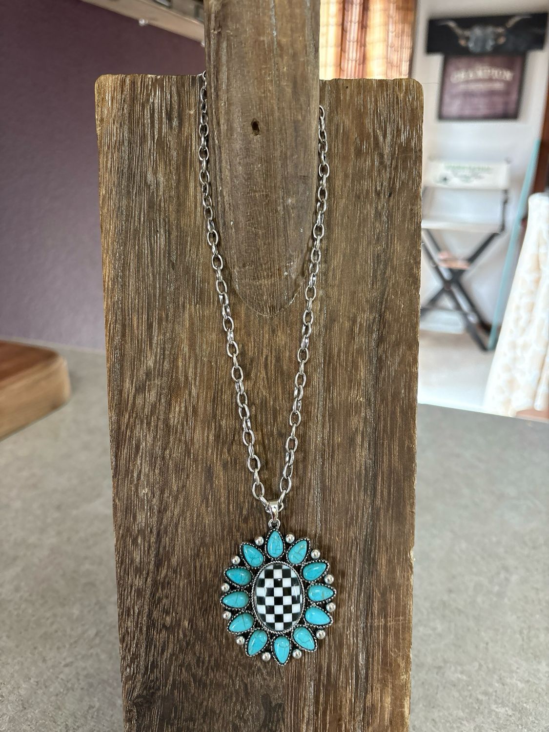 Faux Turquoise &amp; Checkered Necklace