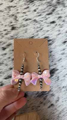 Pink Bow &amp; Navajo Pearls Earrings