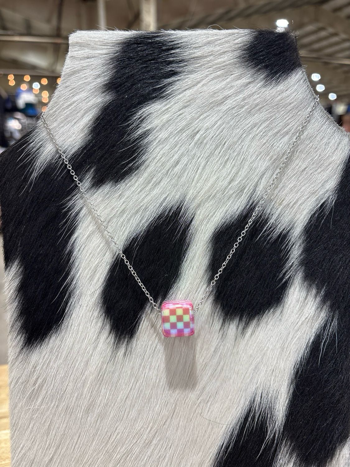 Pink Checkered Square Necklace