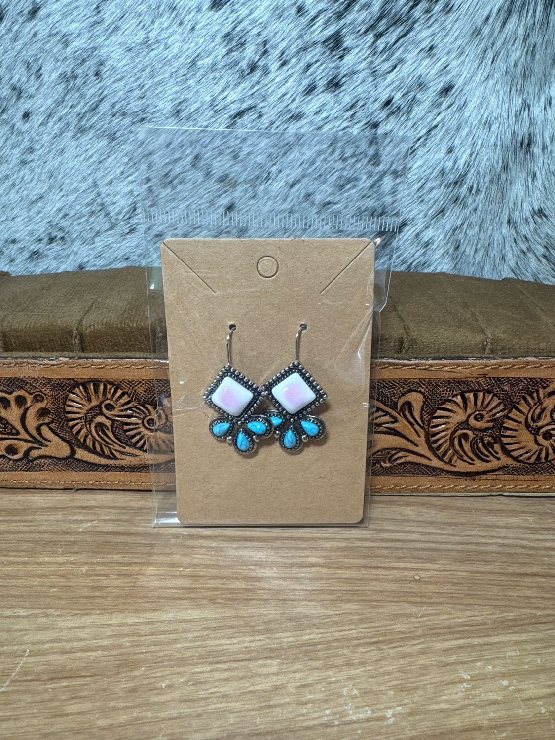 Faux Turquoise &amp; Pink Conch Earrings