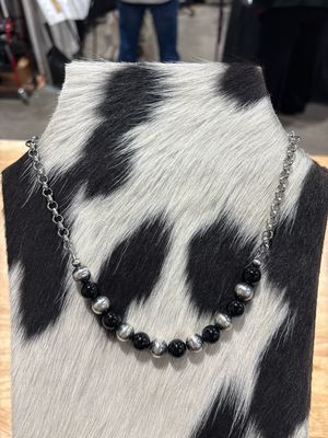 Black Onyx &amp; Navajo Pearl Stacker With Rolo Chain