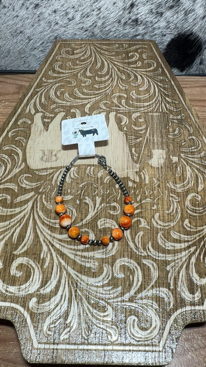 Orange Spiny Oyster &amp; Navajo Pearl Bracelet