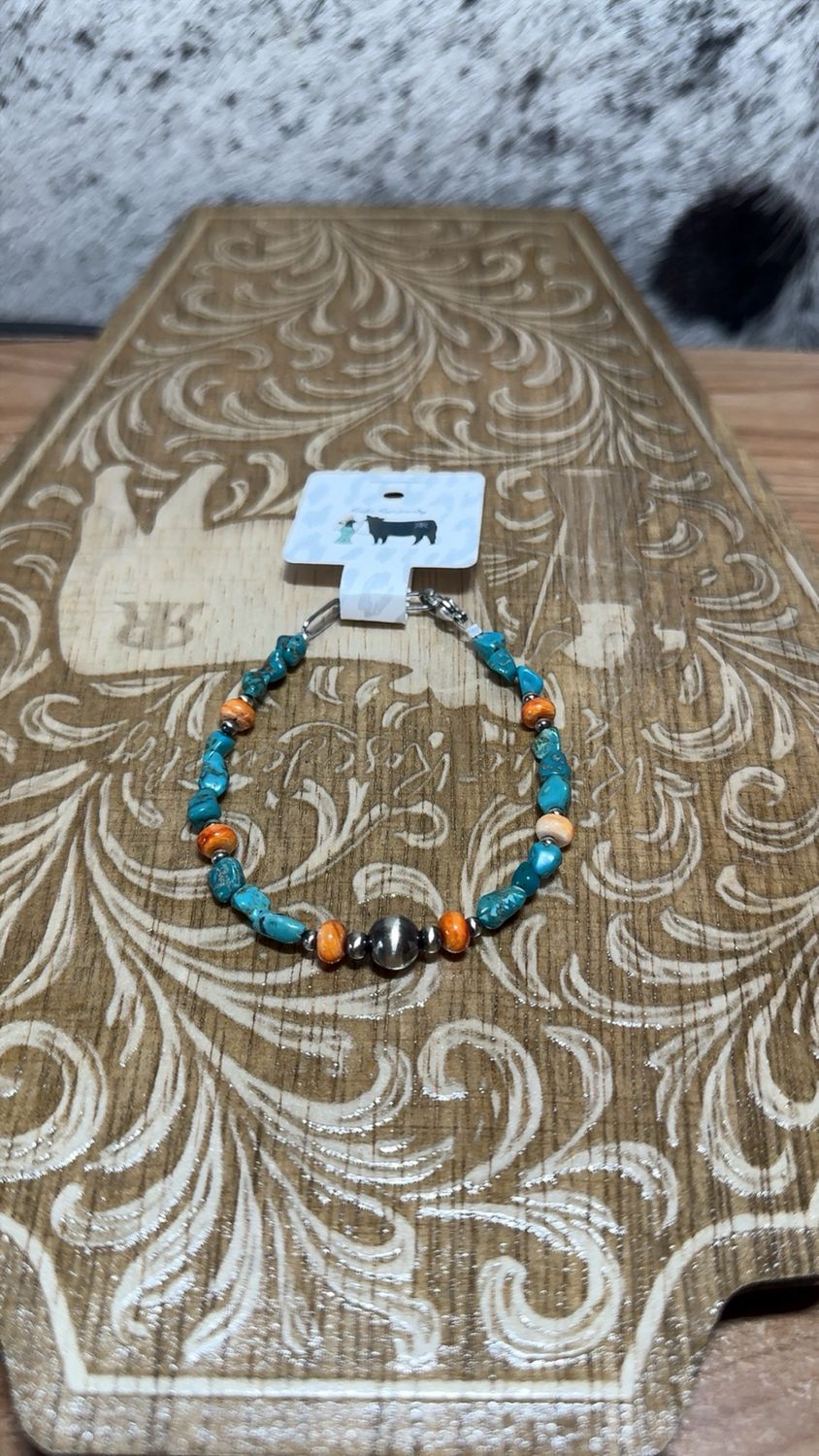 Turquoise, Orange Spiny Oyster &amp; Navajo Pearls