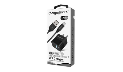 Chargeworx | 3ft, USB+USB-C Wall Charger & USB-C Cable, Black