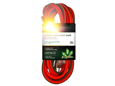 Go Green | Outdoor Extension Cord  16/3 Lighted End, 18ft, 25ft, 50ft, 100ft