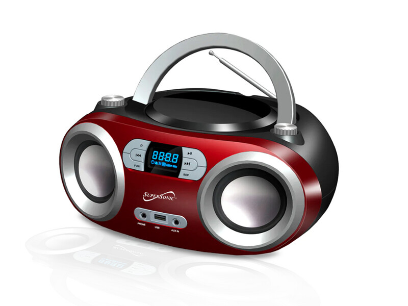 Supersonic | SC-509BT Portable AM/FM Radio With CD/Bluetooth/USB and Aux Input, Red or Black, Colour: Red