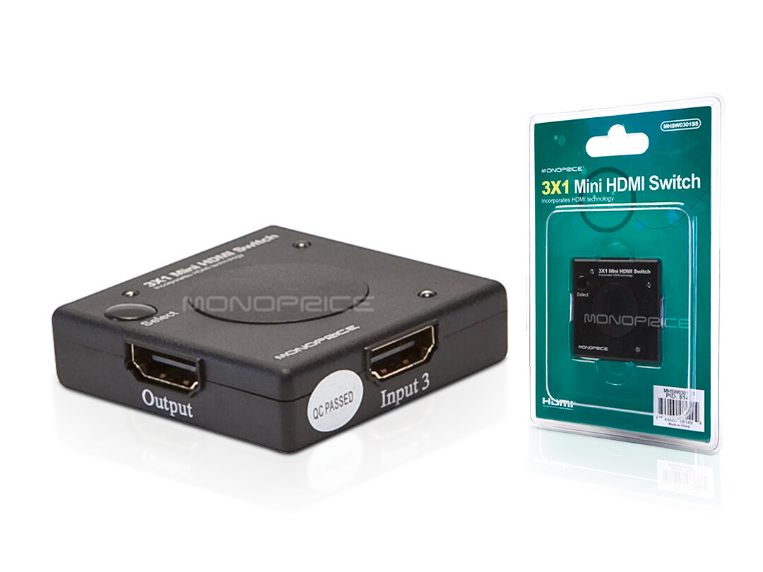 Monoprice | 3x1 HDMI 1.4 Switch  1080p@60Hz, HDCP 1.4, Mini
P/N: 8149