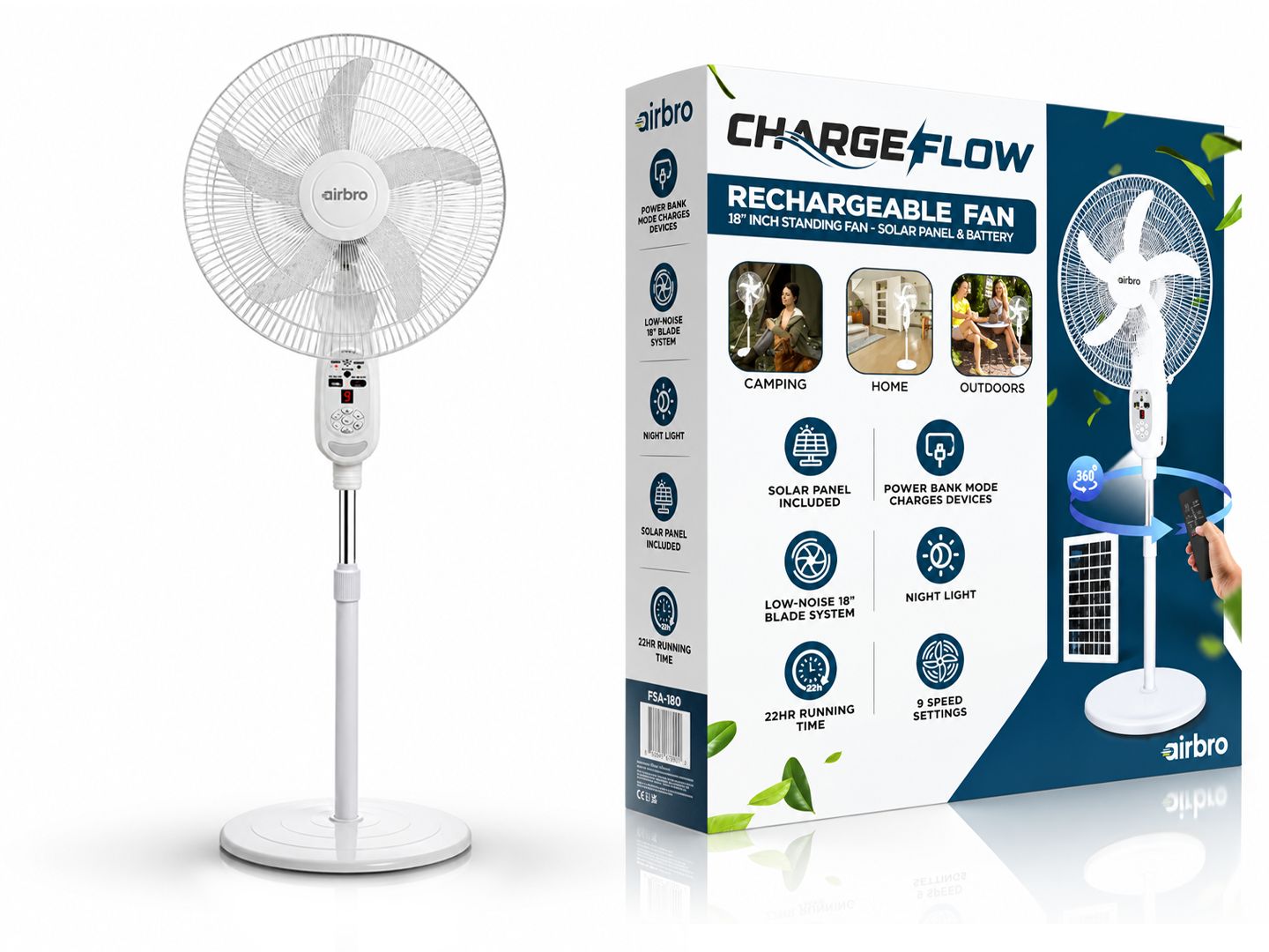 AIRBRO | FSA-180 18" 9-Speed Rechargeable Floor Standing Fan with Solar Charging