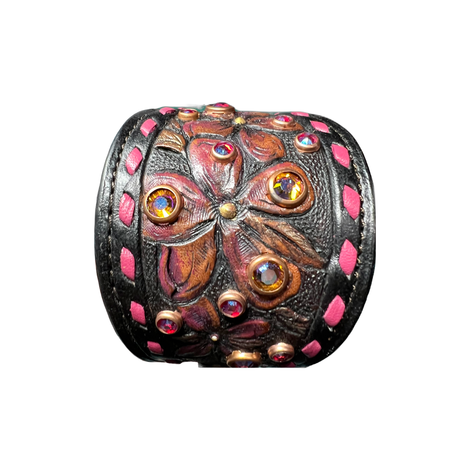 Leather Cuff Fully Tooled And Lined With Swarovski Crystal And Line 24 Snap - Made In The USA