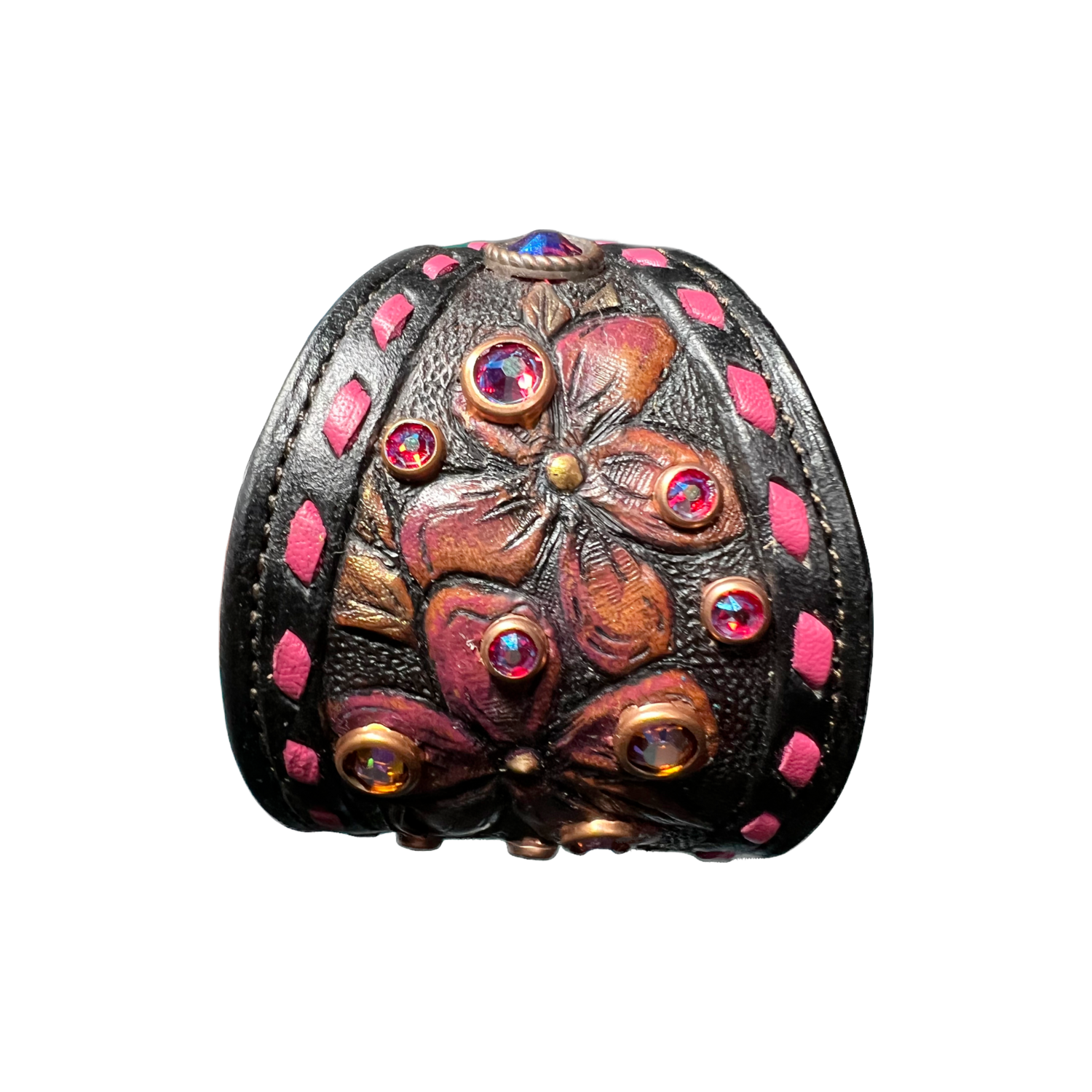 Leather Cuff Fully Tooled And Lined With Swarovski Crystal And Line 24 Snap - Made In The USA