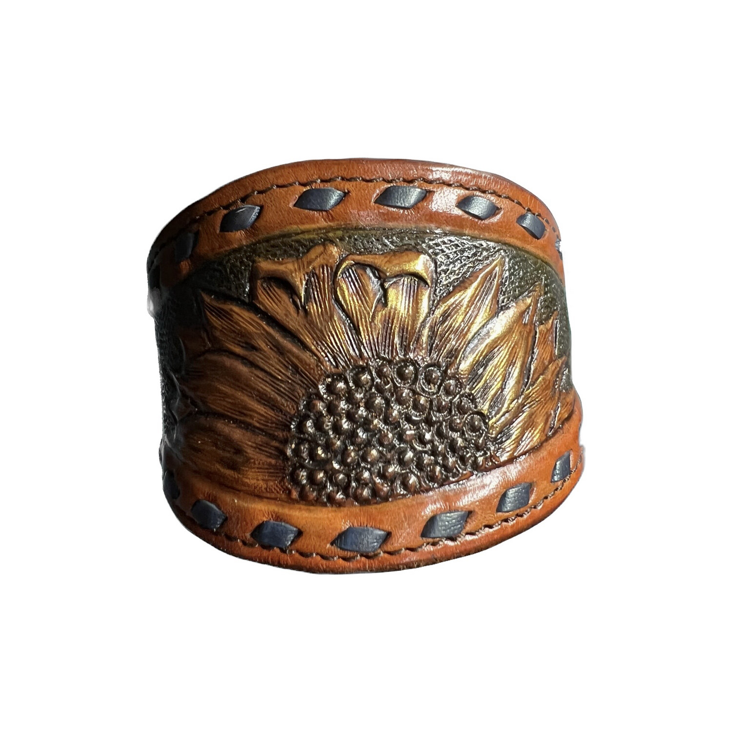 Sunflower tooled leather cuff with peacock buckstitch