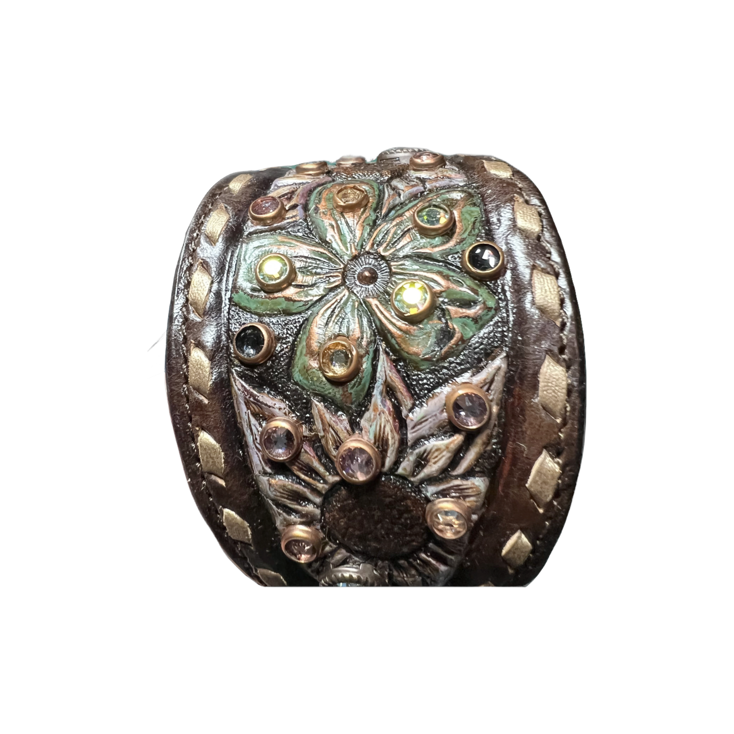 Hand Tooled Leather Cuff With Swarovski Crystals