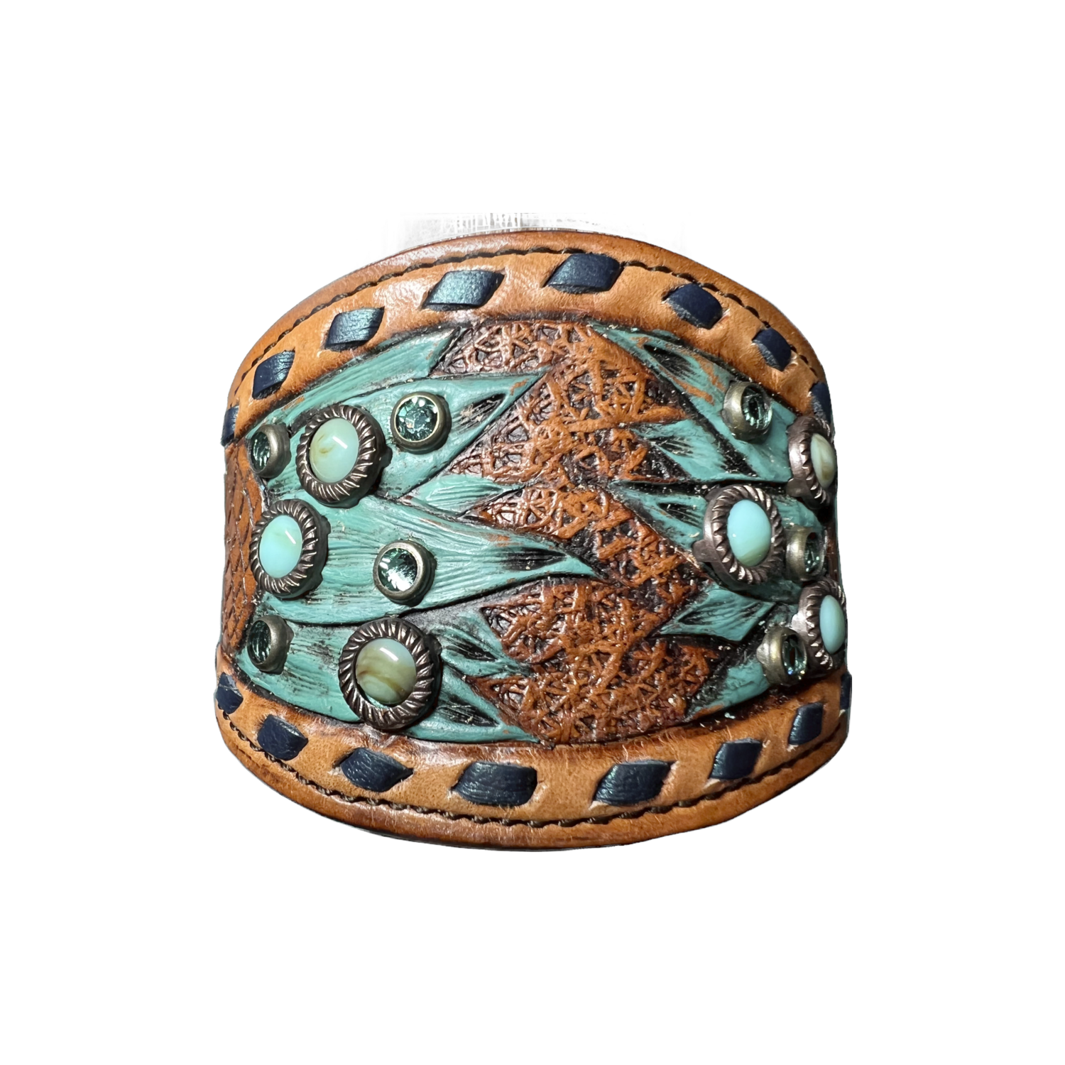 Product Name Leather Cuff Fully Tooled And Lined With Swarovski Crystal And Line 24 Snap - Made In The USA 00031