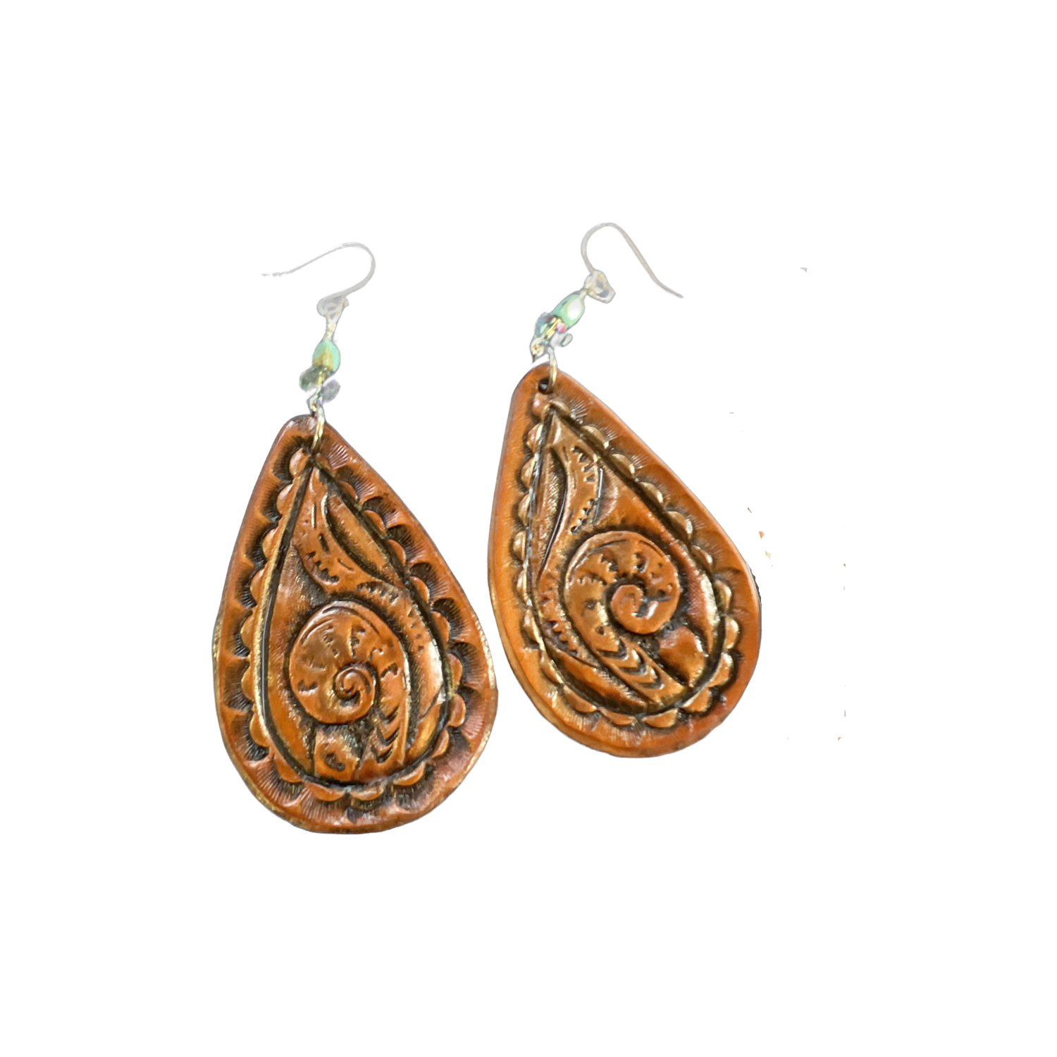 Tooled leather earrings With Swarovski Crystal And Genuine Turquoise Beads 