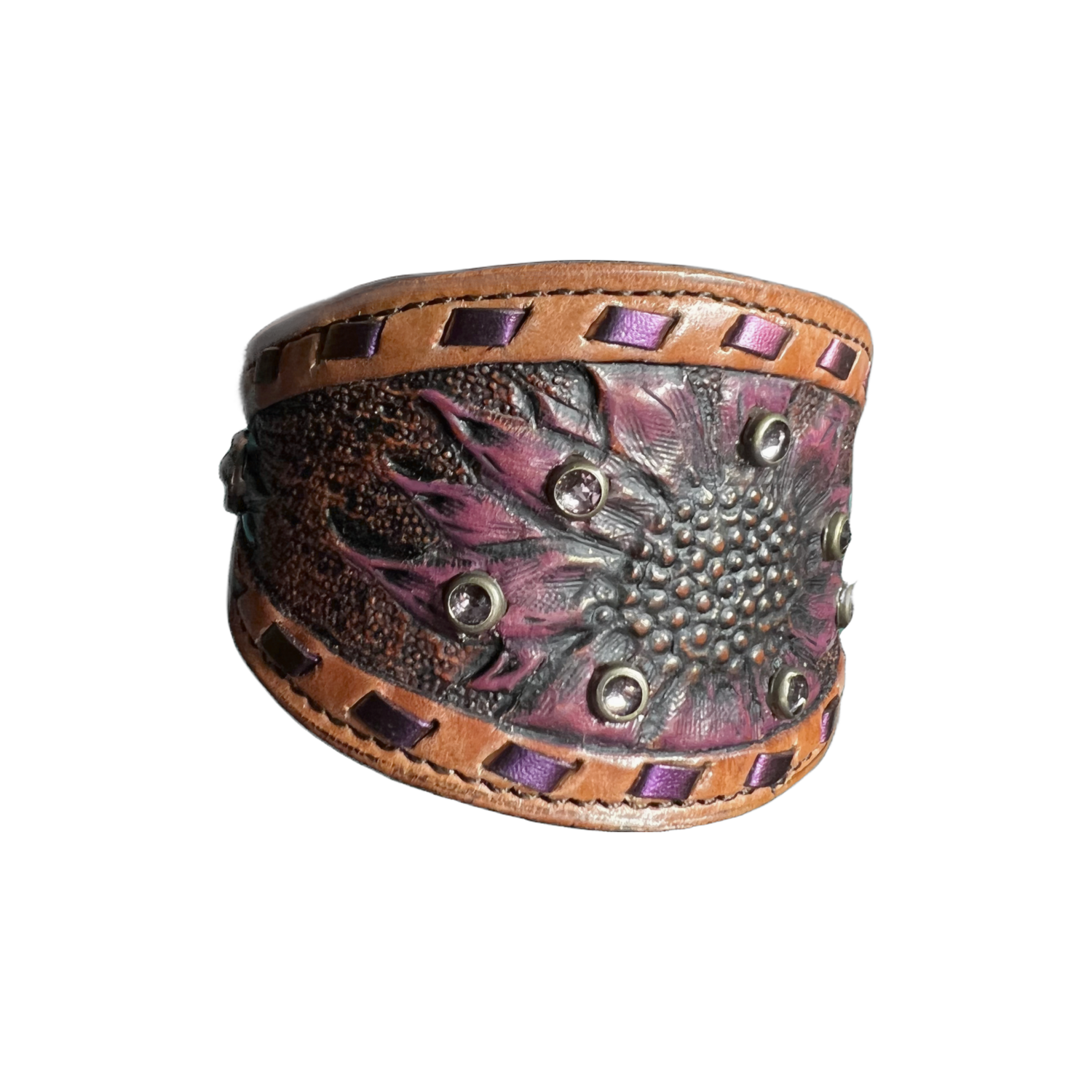 Hand Tooled Leather Cuff With Swarovski Crystals