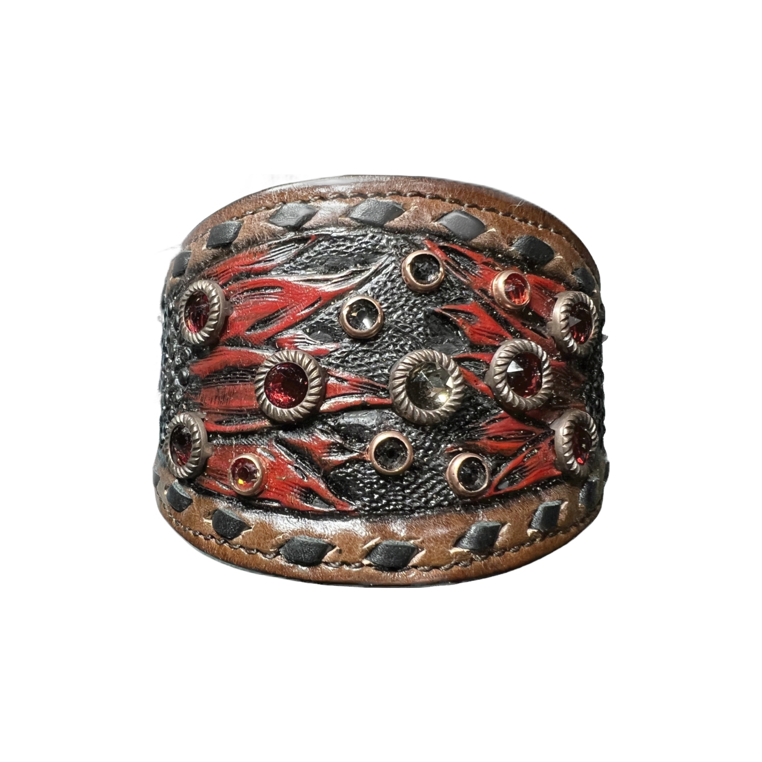 Hand Tooled Leather Cuff With Swarovski Crystals 00032