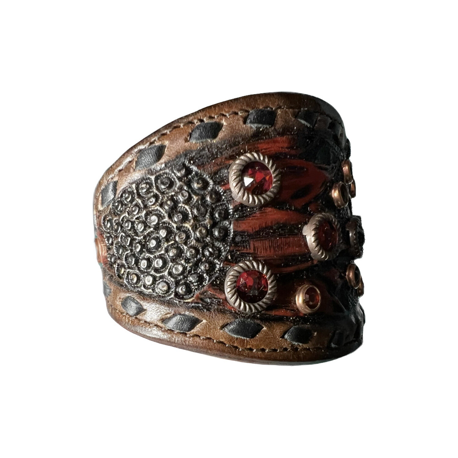 Hand Tooled Leather Cuff With Swarovski Crystals 00032