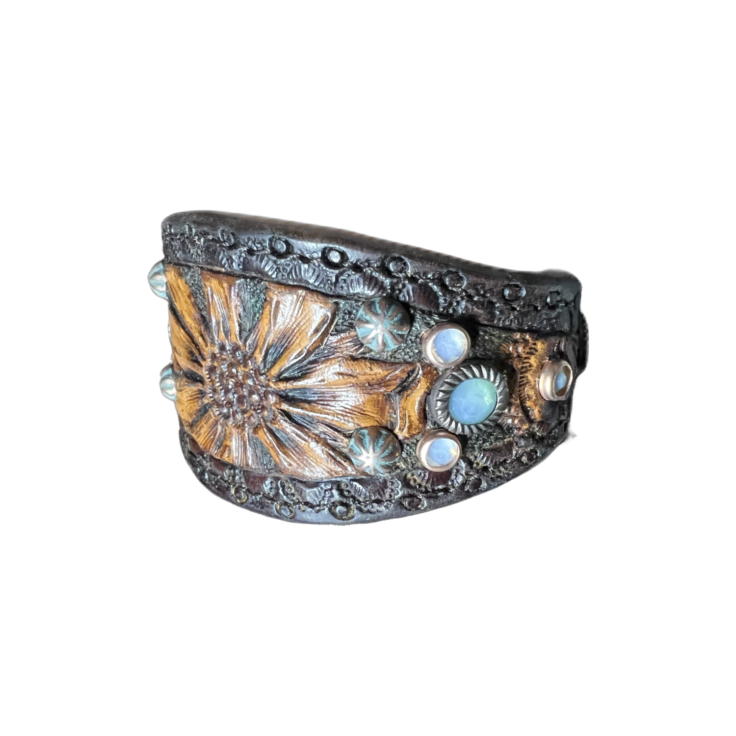 Hand Tooled Leather Cuff With Swarovski Crystals 00032