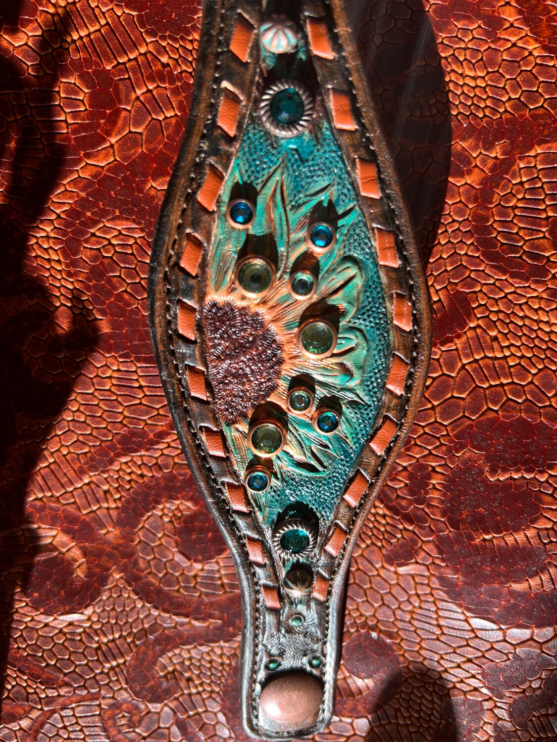 Hand Tooled Leather Cuff With Swarovski Crystals 00032