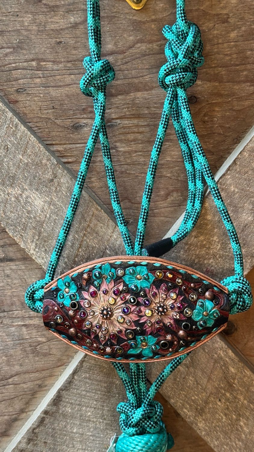 Hand tooled And Painted Leather Horse Halter.  Metallic Turquoise Buckstitch, Copper And Bronze Spots, Handset Crystal Rimsets, Aqua, Jet, Volcano And Other Complimentary Colors.