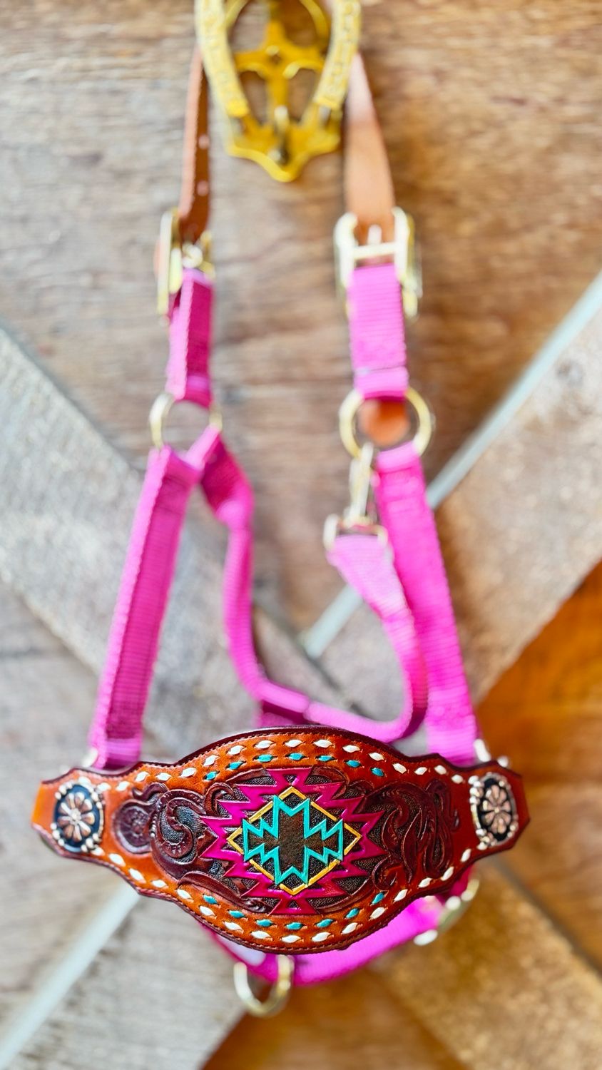 Hand Tooled And Painted Leather Bronc Noseband. White And Turquoise Buckstitch. Back Is Leather Lined. Mounted On A Weaver Adjustable Break-Away Halter Small Horse Size, Raspberry Color.