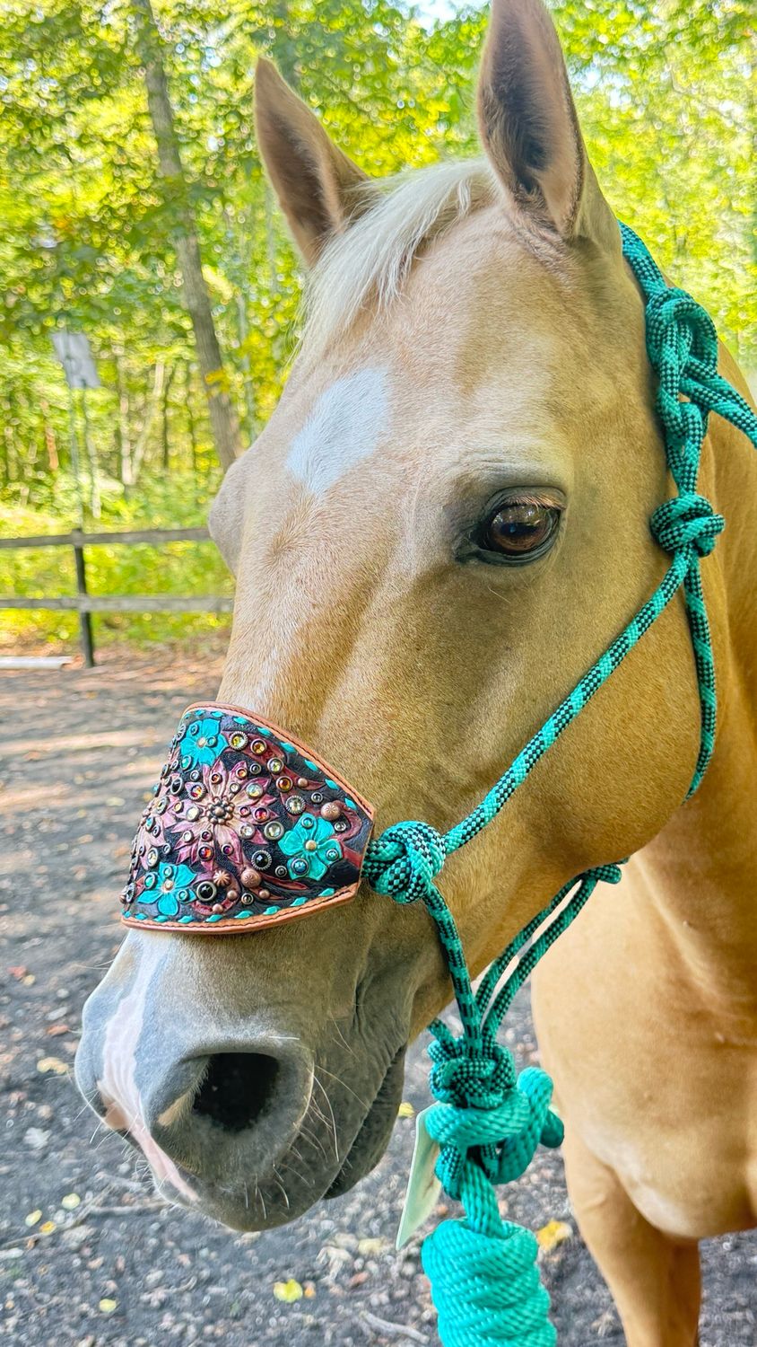 Hand tooled And Painted Leather Horse Halter. Metallic Turquoise Buckstitch, Copper And Bronze Spots, Handset Crystal Rimsets, Aqua, Jet, Volcano And Other Complimentary Colors.
