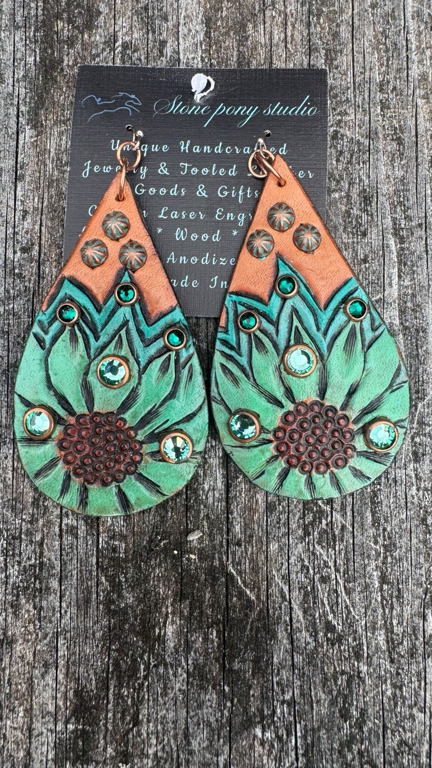 Tooled Leather Earrings Aqua Sunflowers