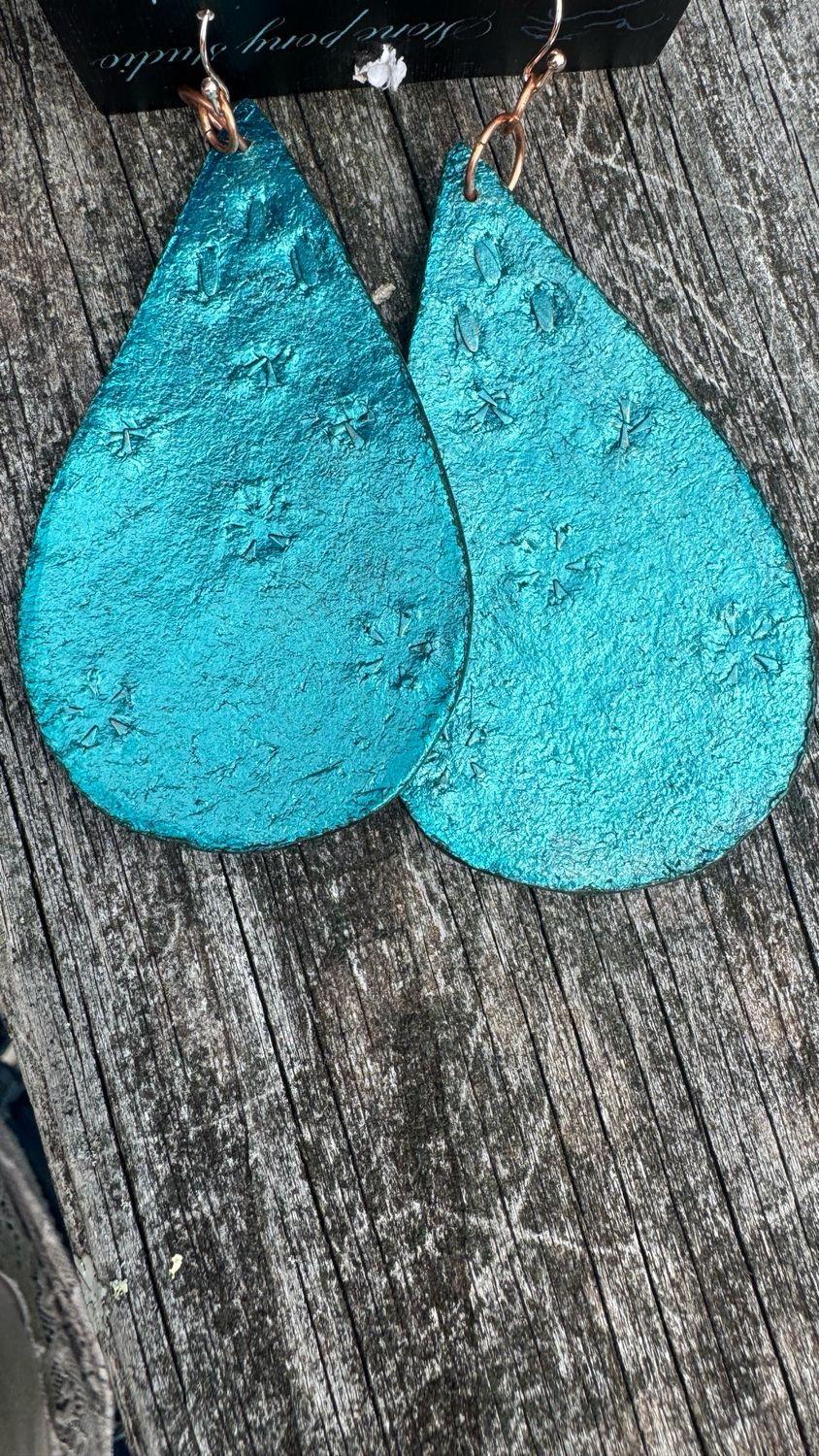Tooled Leather Earrings Aqua Sunflowers