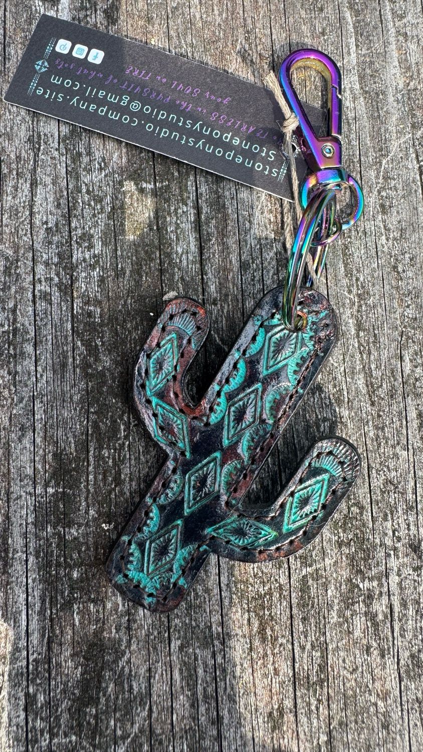 Stamped And Painted Leather Cactus Keychain