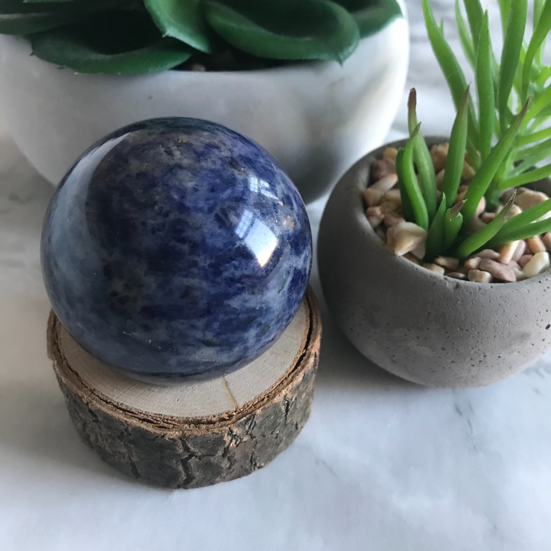 Sodalite Sphere with Black Walnut Stand