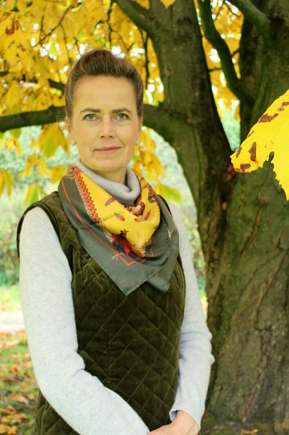 Seidentuch 70X70cm Fasan gelb-gold/olive