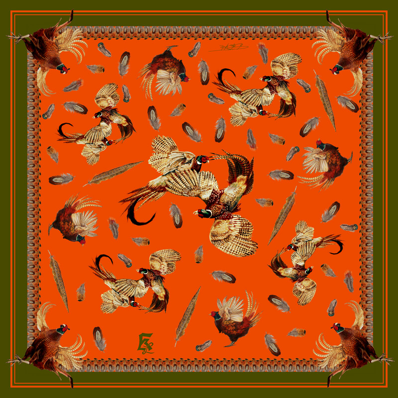Seidentuch 90x90cm Fasanenhähne orange Seidentuch 90x90cm Fasanenhähne orange