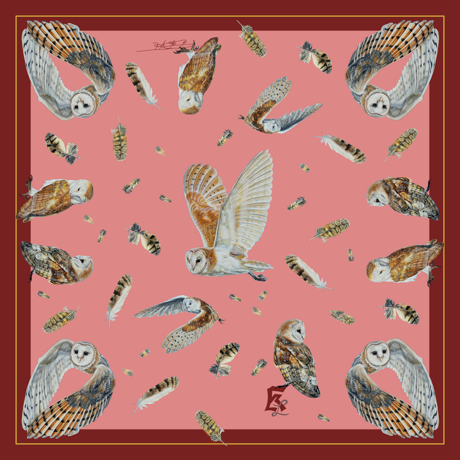 Seidentuch 90x90cm Eulen altrose