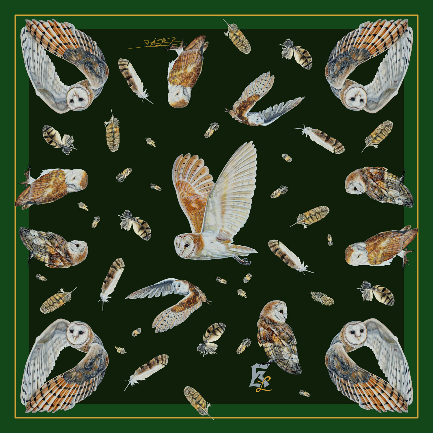 Seidentuch 70x70cm Eulen dunkelgrün