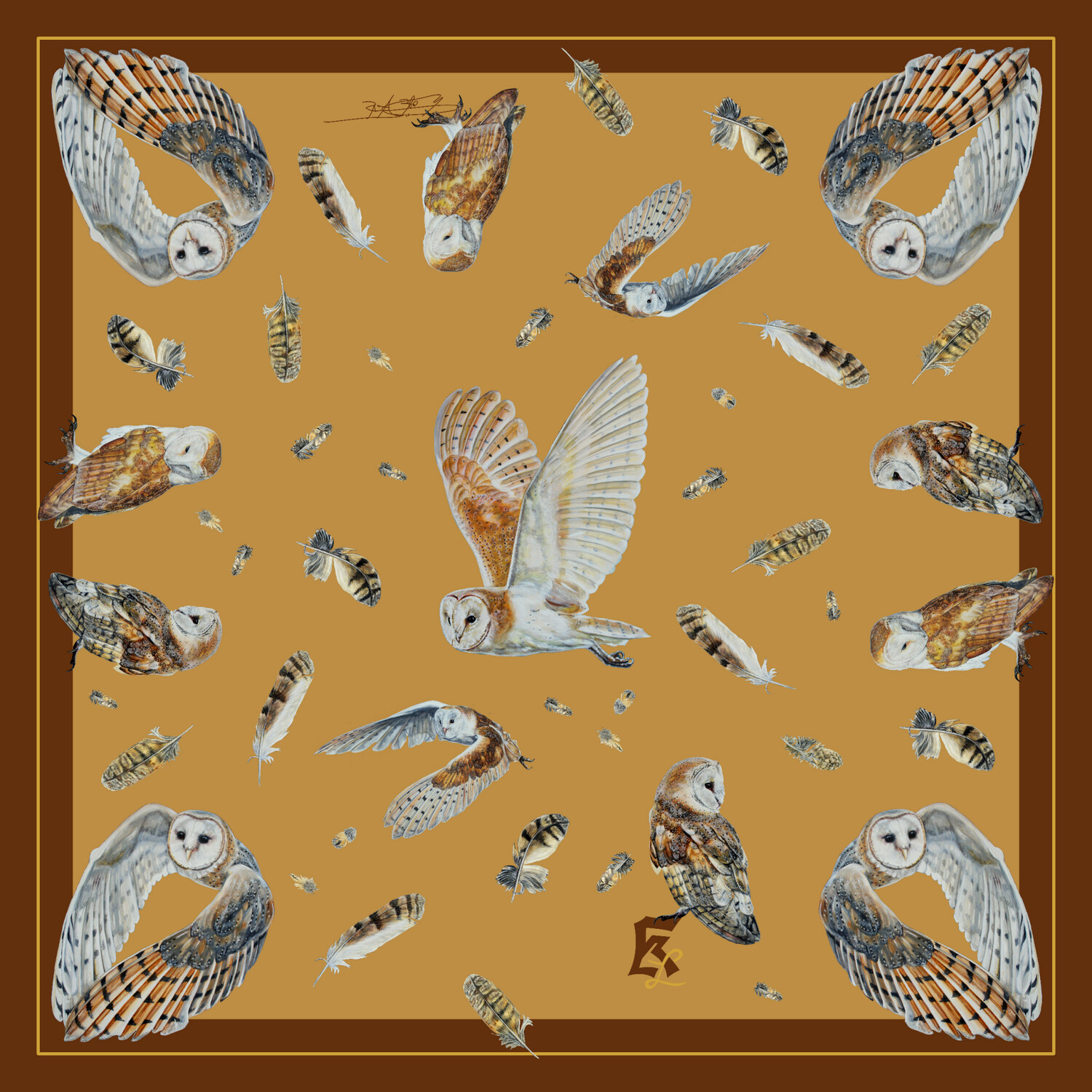 Seidentuch 70x70cm Eulen creme