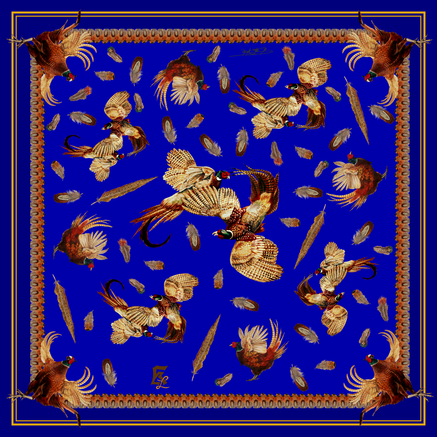 Seidentuch 70x70cm Fasanenhähne blau Seidentuch 70x70cm Fasanenhähne blau