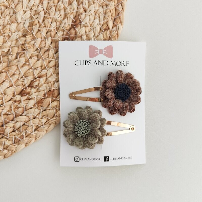 Wool flower set a 2 stuks - bruin/groen
