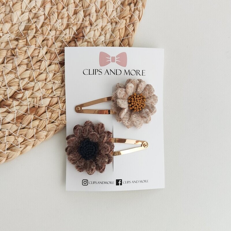 Wool flower set a 2 stuks - beige/bruin