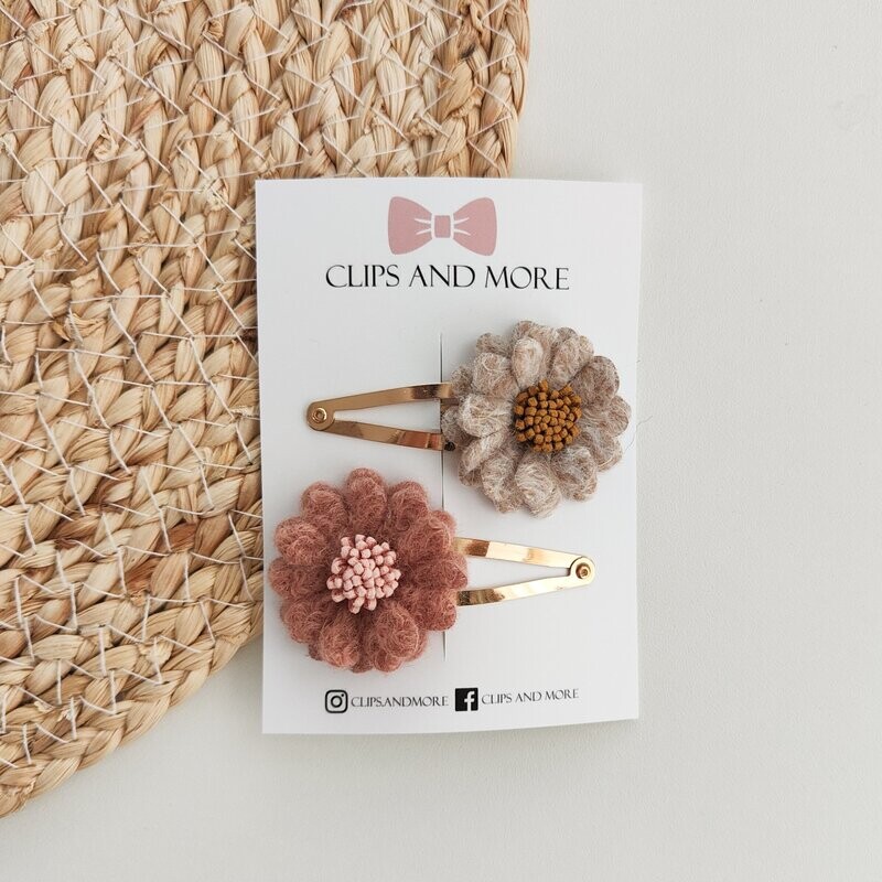 Wool flower set a 2 stuks - beige/roze