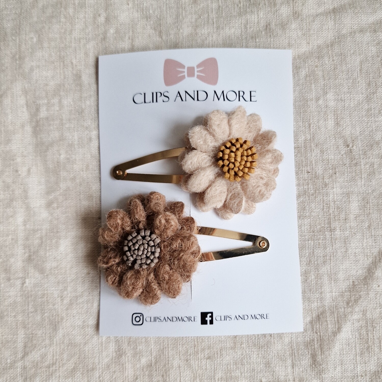 Wool flower set a 2 stuks - beige/bruin