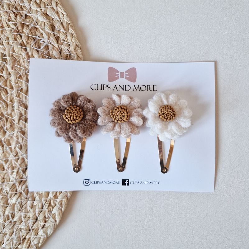 Wool flower set 3 stuks - beige/bruin