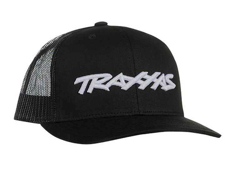 Trucker Cap schwarz/Logo weiß, runder Schirm TRAXXA