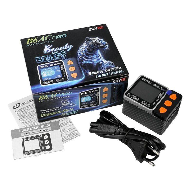 Ladegerät für die Hosentasche (Eingang 12V oder Type-C) eingebautes Netzteil SkyRC B6neo+ Ladegerät grau LiPo 1-6s 10A 200W