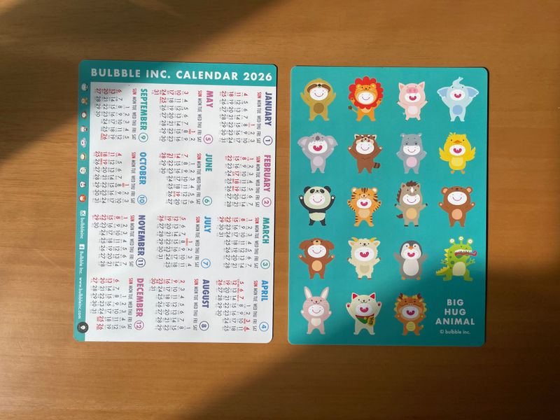 Bulbble Inc. Big Hug Animal A5 2026 Calendar Card