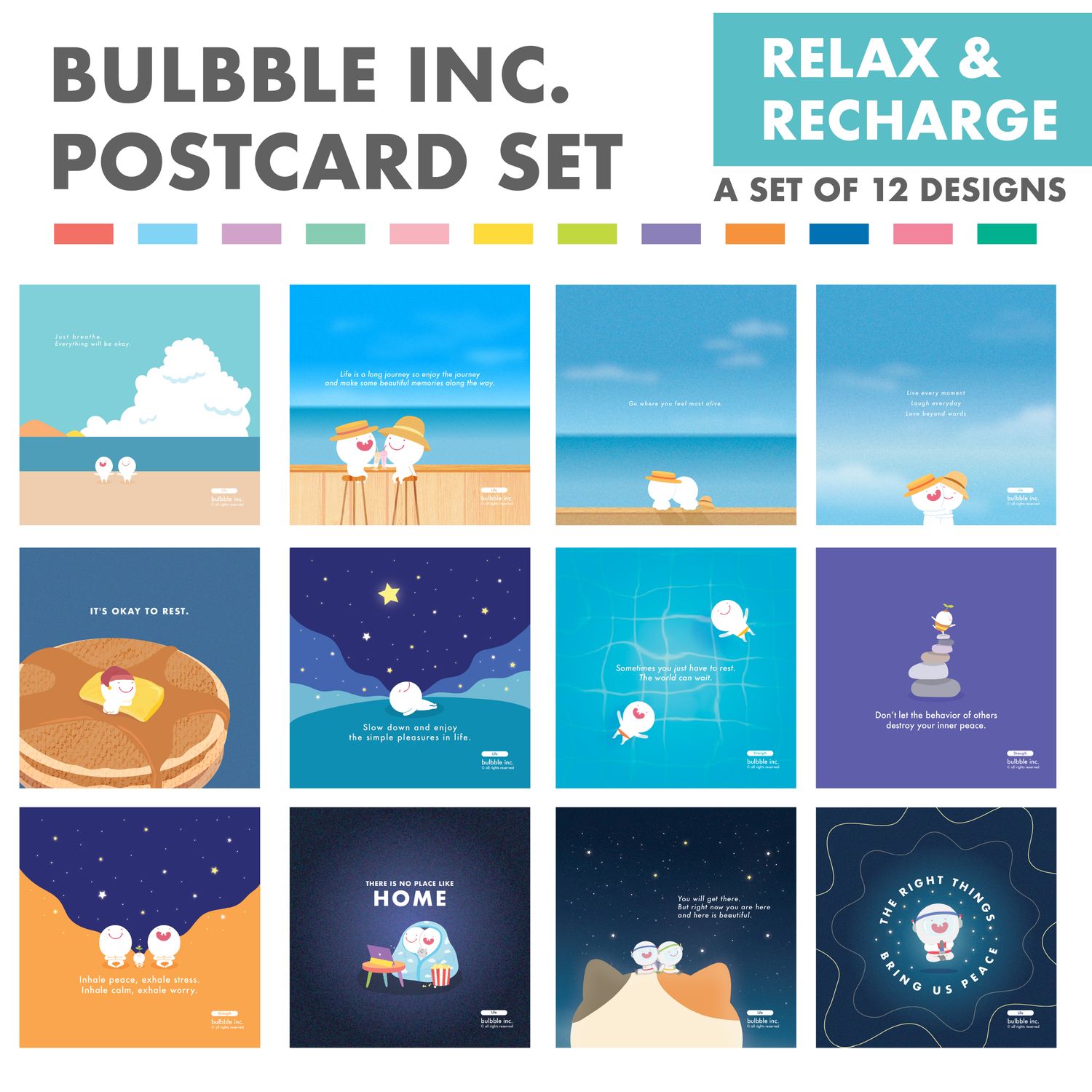 Bulbble Inc. "Relax &amp; Recharge" Postcard Set (A set of 12 designs)
