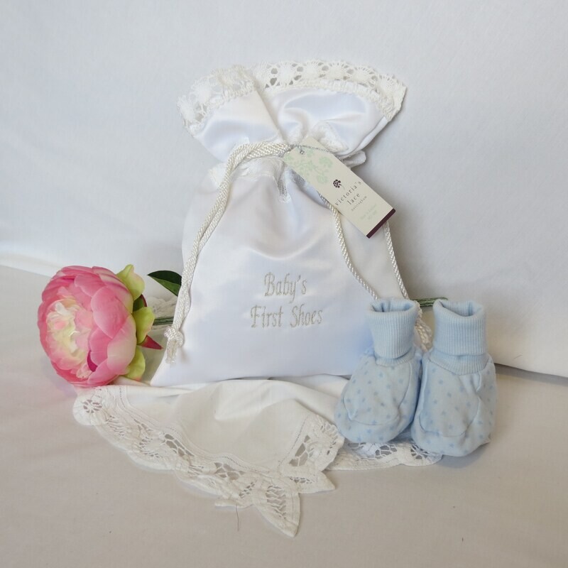 Baby's First Shoes - Satin Bag Trimmed with Nottingham Lace