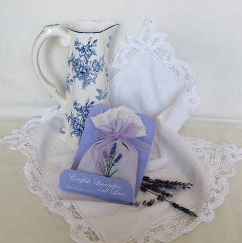 Embroidered Lavender Sachet edged with Nottingham Lace