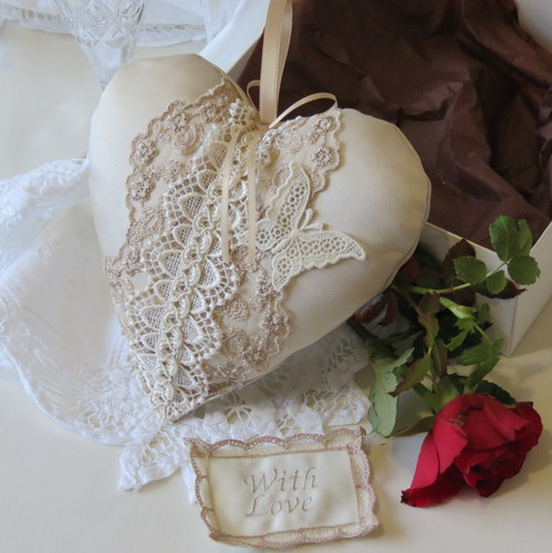 Handmade in Nottingham - 13th Anniversary Heart Cushion by Victoria&#39;s Lace, Gift Boxed.