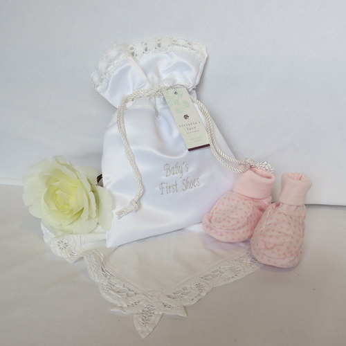 Baby's First Shoes - Satin Bag Trimmed with Nottingham Lace